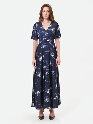 Navy Blue Floral Satin Maxi Dress
