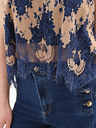 Blue two-tone macramé lace top