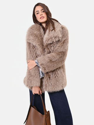 Taupe beige faux fur coat