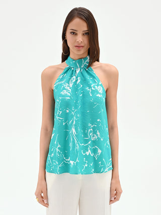 Top turchese con collo arricciato e fantasia