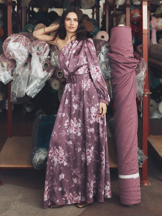Dusty Pink One-Shoulder Floral-Print Maxi Dress