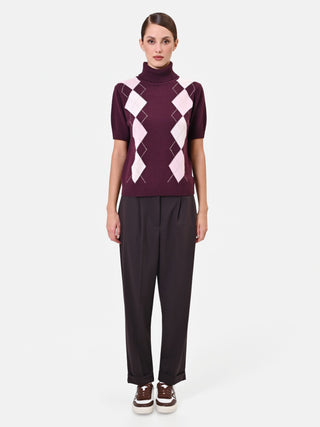 Pull col roulé en viscose bordeaux à motif losanges