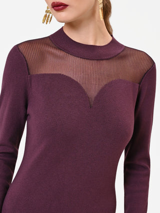 Burgundy Viscose Sheath Dress with Mesh Insert