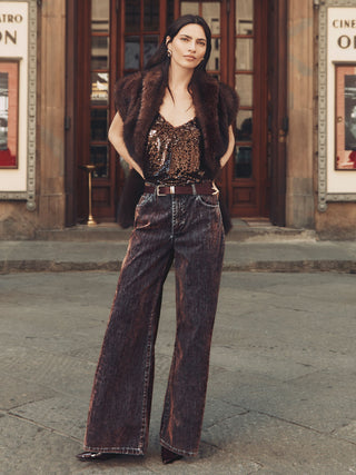 Pantaloni jeans wide leg marrone sfumato