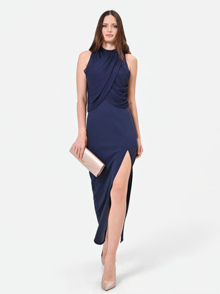 Robe longue bleu marine à encolure drapée