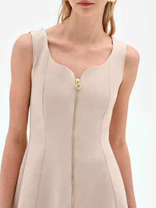 Abito corto tortora beige con zip frontale