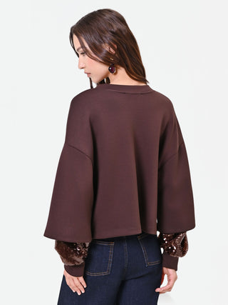 Brown Sweatshirt with Double Sequin Sleeves