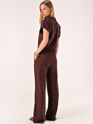 Pantalon ample marron chocolat en lin et coton