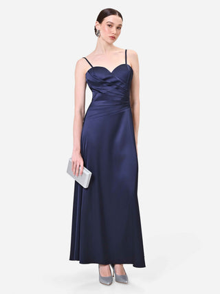 Abito lungo blu navy con drappeggio incrociato