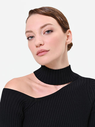 Black Ribbed Cut-Out Knit Top