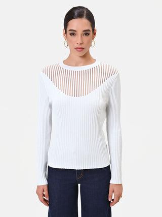 Off-White Ribbed Viscose Top with Sheer Details