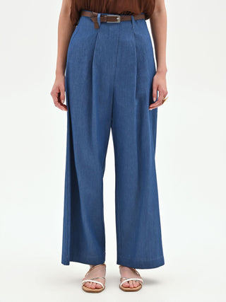 Pantalone a palazzo blu indaco con cintura