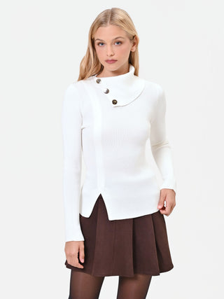 Cream-White Viscose-Blend Sweater with Asymmetrical Collar
