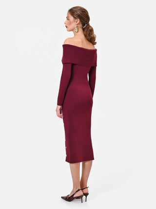 Burgundy Viscose Sheath Dress with Decorative Buttons