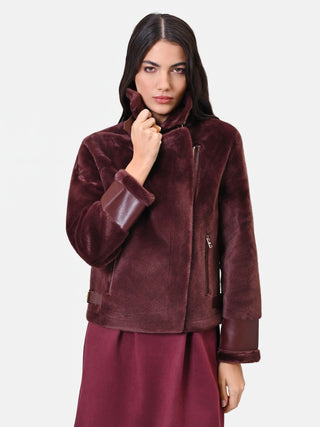 Chocolate Cropped Aviator Jacket with Faux Leather Details