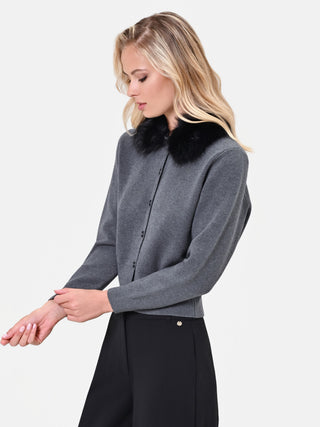Cardigan in viscosa grigio scuro con collo effetto pelliccia