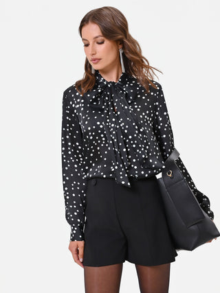 Blusa nera a pois con nastro lavallière
