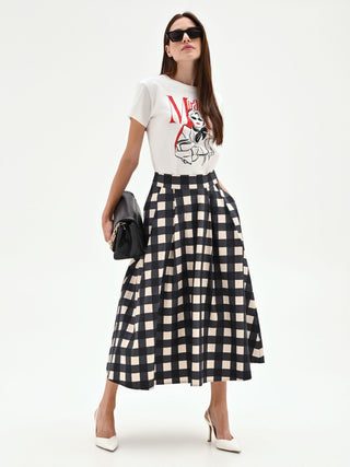 Gonna midi nera con fantasia a maxi quadri