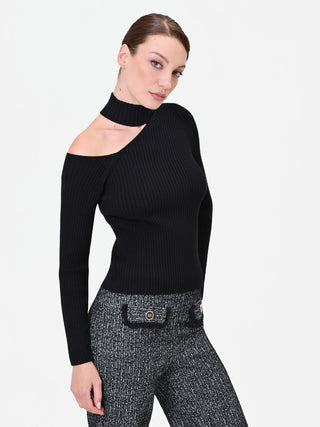 Black Ribbed Cut-Out Knit Top