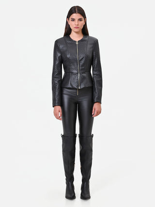 Schwarze Kunstlederjacke mit Schößchen