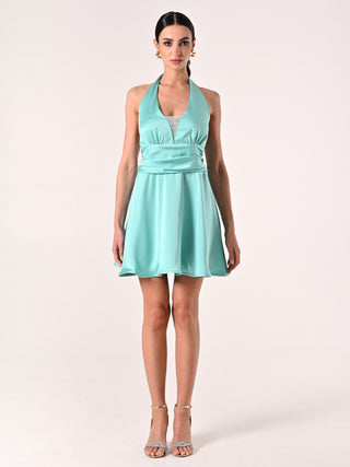 Robe courte évasée vert d’eau en satin