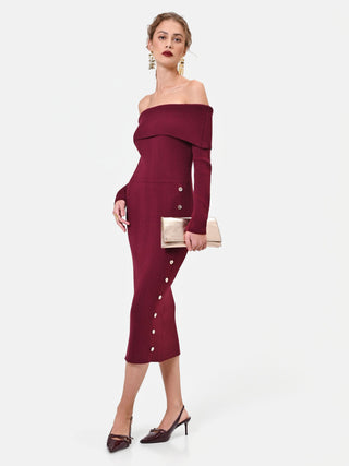 Burgundy Viscose Sheath Dress with Decorative Buttons