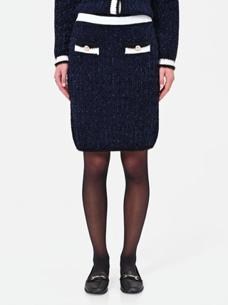Gonna tubino in maglia blu navy con profili a contrasto