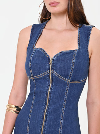 Robe courte en jean bleu à zip apparent