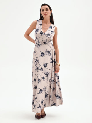 Abito lungo blu navy con stampa floreale