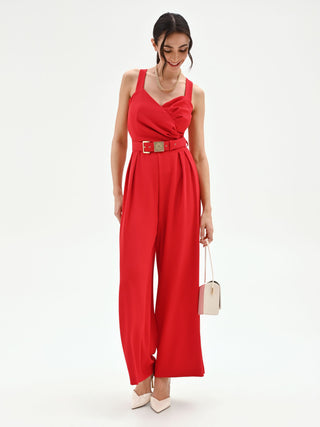 Belted Red Palazzo Jumpsuit