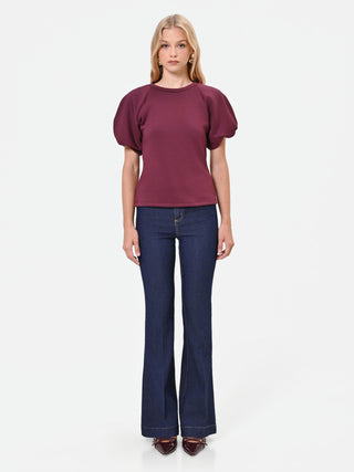 T-shirt bordeaux rosso con maniche a palloncino in tessuto strutturato