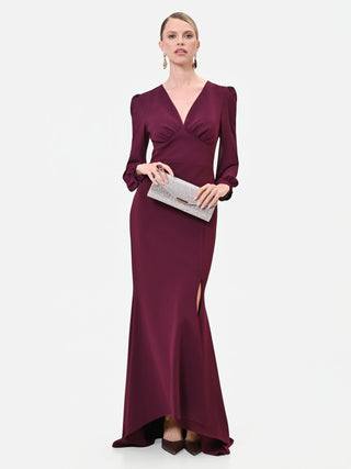 Abito lungo asimmetrico bordeaux rosso