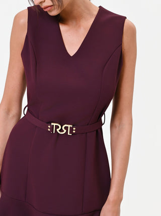 Burgundy Belted Flounce-Hem Dress