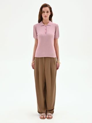 Pink Ribbed-Knit Polo Shirt