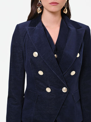 Navy Blue Velvet Double-Breasted Jacket