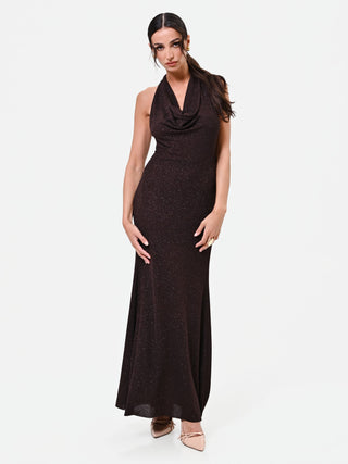 Robe longue brun foncé à décolleté drapé
