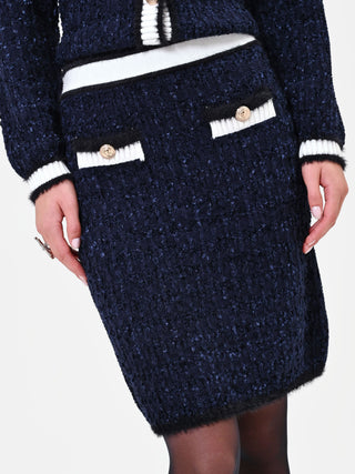 Gonna tubino in maglia blu navy con profili a contrasto