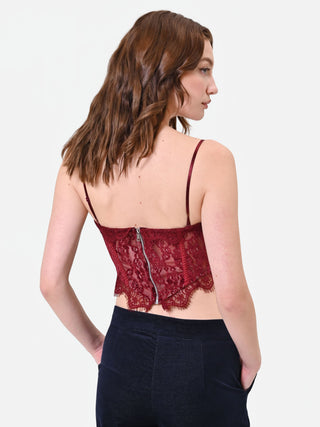 Bordeauxrotes Bustier-Top aus floraler Spitze
