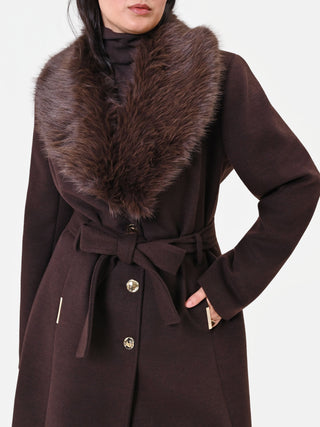 Dark Brown Curvy Coat with Faux Fur Collar