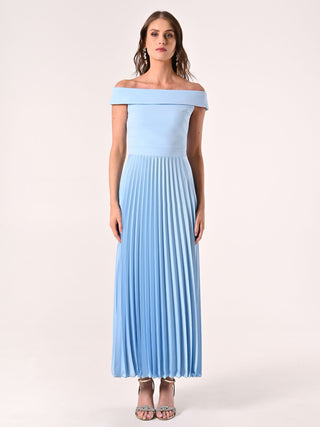 Abito Off-the-Shoulders Azzurro con Gonna Plissé