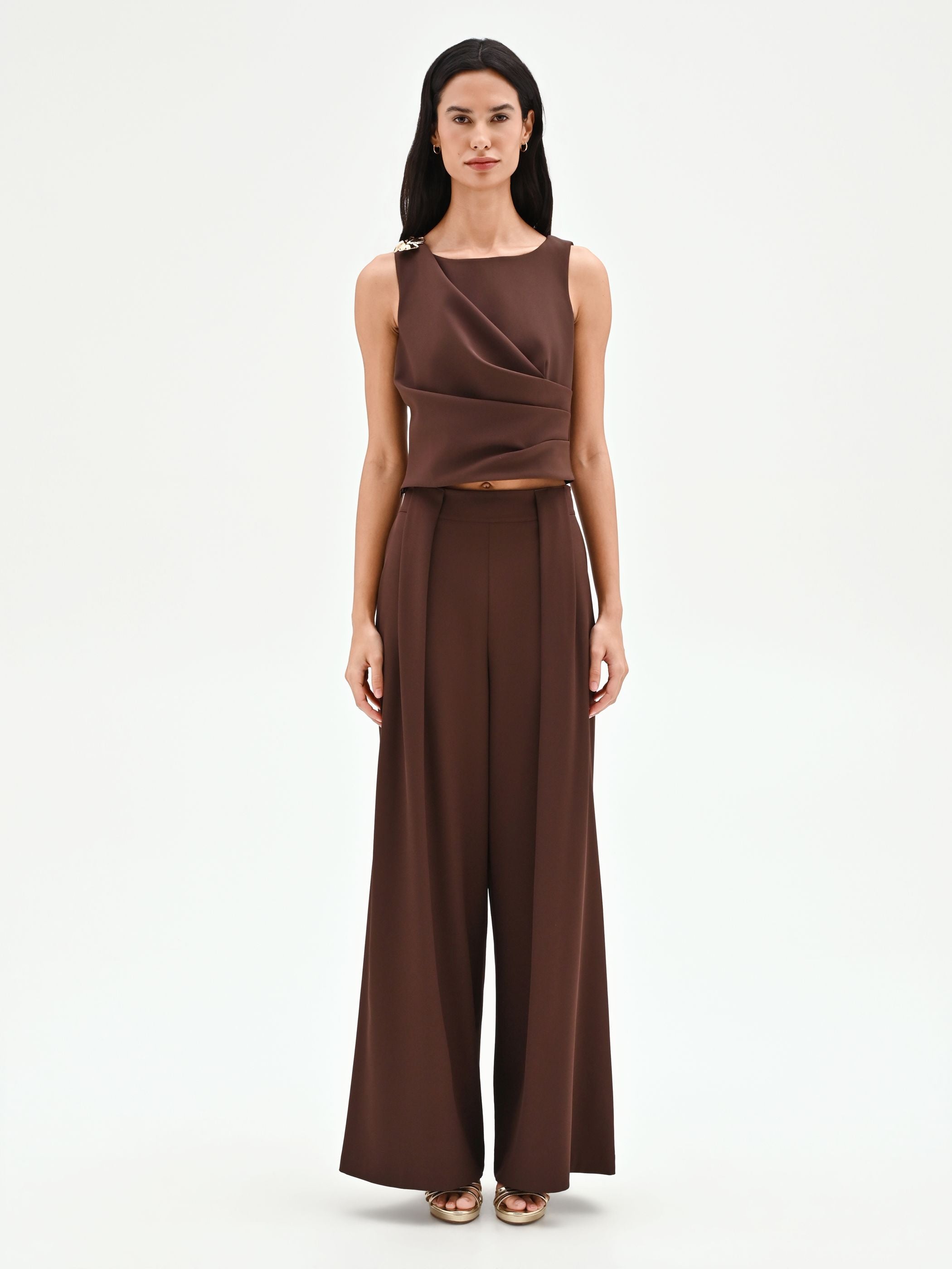 Chocolate Asymmetric Draped Crop Top – Rinascimento