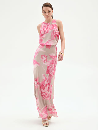 Abito lungo rosa con stampa floreale