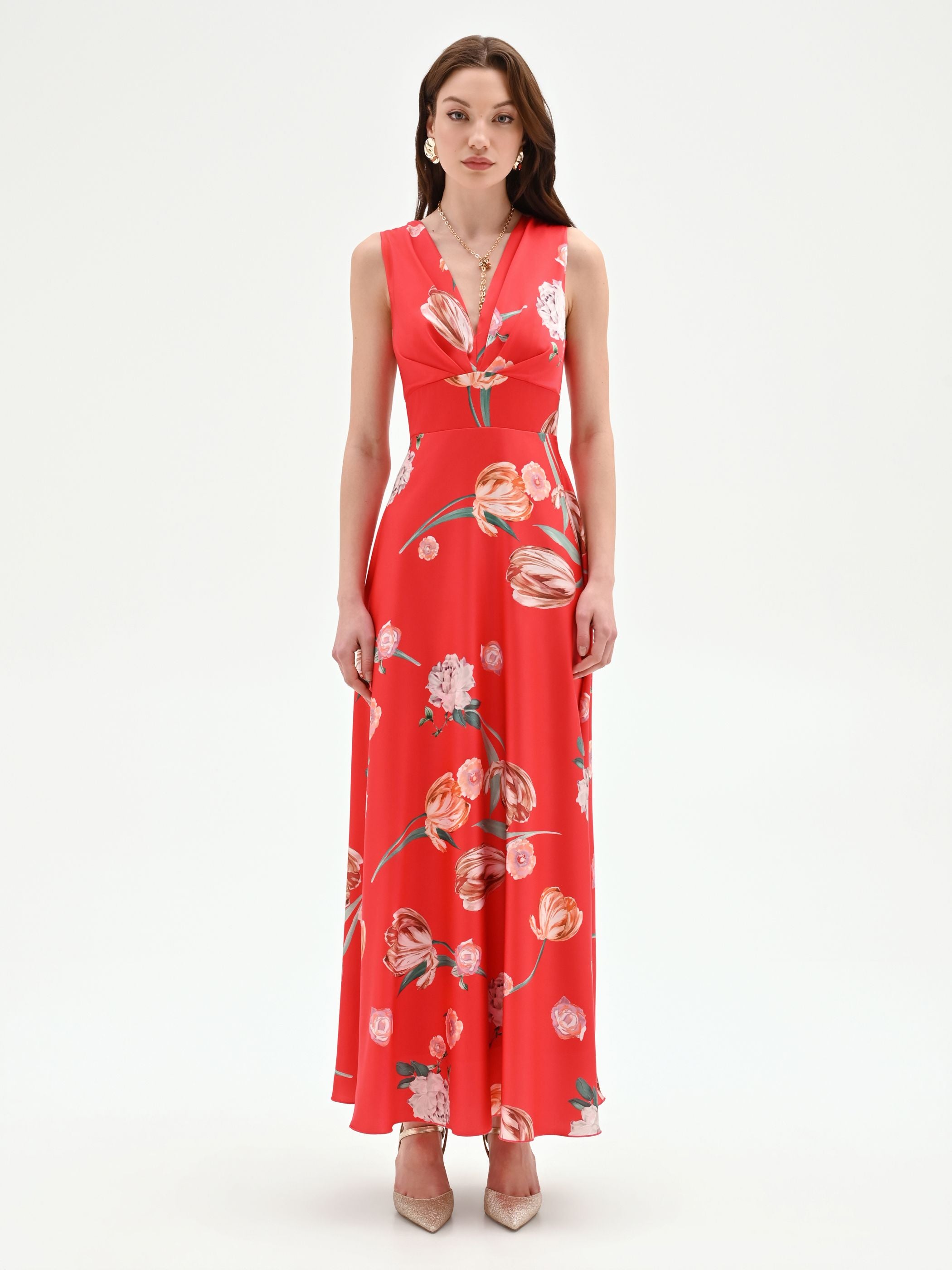 Robe longue rouge fraise à imprimé floral – Rinascimento