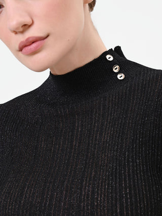 Black Ribbed Top with Decorative Buttons