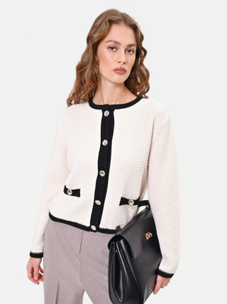 Cardigan bianco panna con profili a contrasto