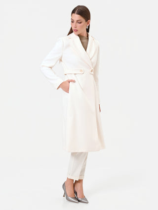 Cream Midi Coat with Peak Lapels
