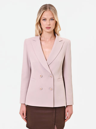 Taupe Beige Double-Breasted Blazer with Jewel Buttons