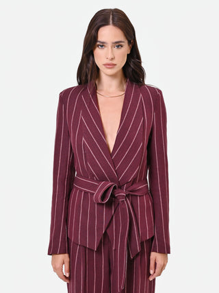 Burgundy Pinstripe Belted Blazer