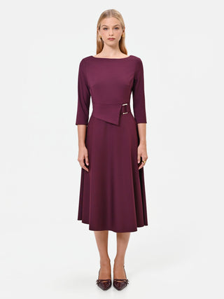 Burgundy Red Polyviscose Midi Dress with Buckle Detail