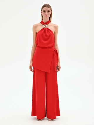 Pantalon palazzo rouge à effet portefeuille